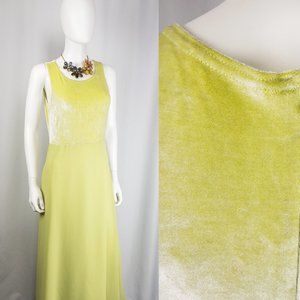 Vintage 90s chartreuse yellow green sleeveless maxi dress with velvet bodice